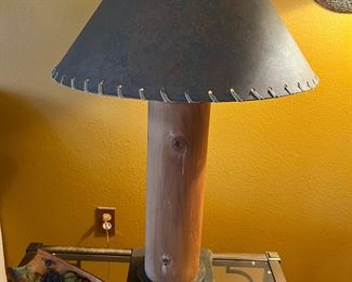 Table lamp, wood base metal shade