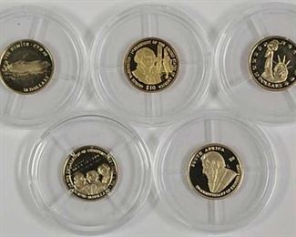 Five 1/2 Gram 14k Gold Liberia $10 Proof Coins