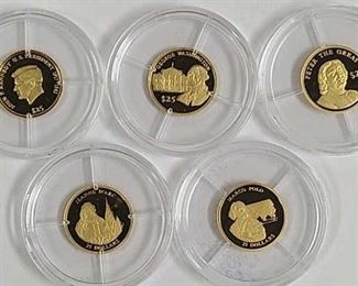 Five 3/4 Gram .999 Gold Liberia $25 Proof Coins