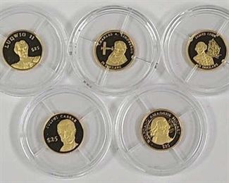 Five 3/4 Gram .999 Gold Liberia $25 Proof Coins