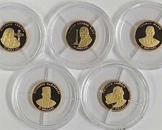 Five 3/4 Gram .999 Gold Liberia $25 Proof Coins