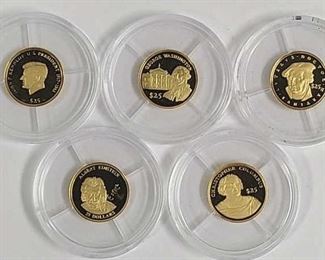 Five 3/4 Gram .999 Gold Liberia $25 Proof Coins