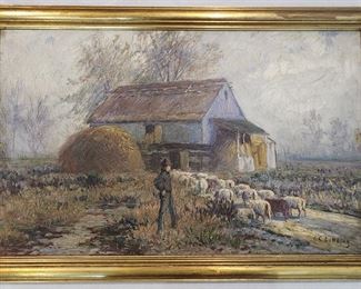Antique T. C. Lindsay Farmer & Sheep Oil Painting