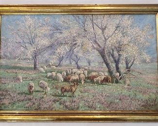 Antique T. C. Lindsay Sheep Pasture Oil Painting