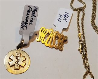 14k Medical Pendant and 14k Earrings 