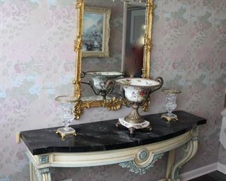 Giltwood mirror, faux marble console