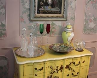 Chinoiserie decorated two drawer French style cabinet