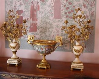 Pair vintage marble & bronze floral candelabras & dore bronze & porcelain Oriental center bowl 
