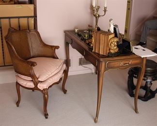 French style leather top ladies writing desk with Karges cane back armchair 