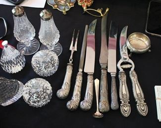 Assorted Waterford paperweights & sterling handled serving pieces