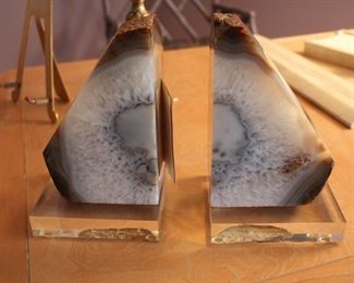 Pair Brazilian agate / lucite bookends