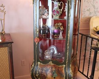 Vernes Martin vitrine with hand painted scenes & bronze ormolu
