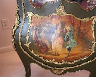 Vernes Martin vitrine with hand painted scenes & bronze ormolu