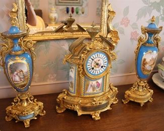 Sevres style bronze & porcelain clock garniture