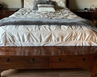 Living Spaces Bedroom: Queen Bed Frame, Highboy, 2 Nightstands, Richmond Park Bedding Set, Area Rug
