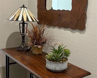 Entry Table, Southwest Metal Mirror, Tiffany-Style Table Lamp, Faux Cacti, Lidded Basket