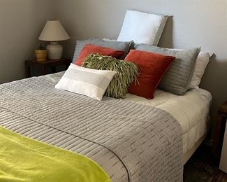 Queen Bed, Bedding, Art, Rustic Nesting Tables S/3