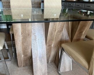 Rustic Modern Dining Table w Glass Top ad 6 Upholstered Chairs