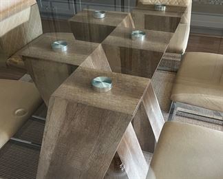 Rustic Modern Dining Table w Glass Top ad 6 Upholstered Chairs