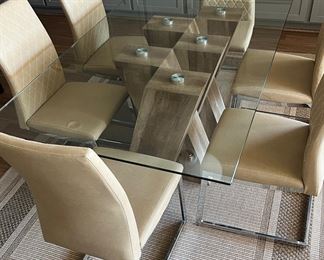 Rustic Modern Dining Table w Glass Top ad 6 Upholstered Chairs