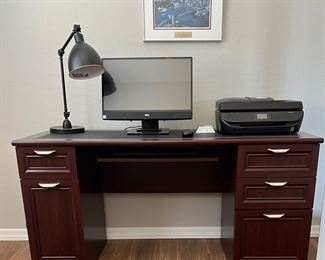 Office Desk, Monitor, Printer, Desk Lamp