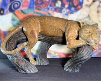 3pc Jiang Tie-Feng Bronze Leopard Family Sculpture Tie Feng Jiang TieFeng Largest: 16 x 29.5 x 18in