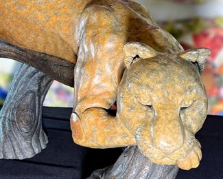 3pc Jiang Tie-Feng Bronze Leopard Family Sculpture Tie Feng Jiang TieFeng Largest: 16 x 29.5 x 18in