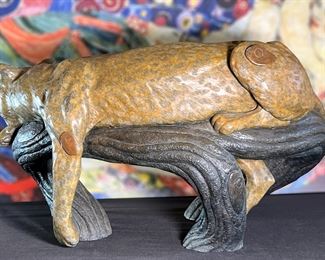 3pc Jiang Tie-Feng Bronze Leopard Family Sculpture Tie Feng Jiang TieFeng Largest: 16 x 29.5 x 18in