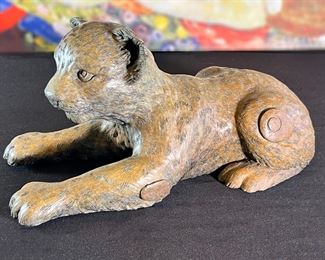 3pc Jiang Tie-Feng Bronze Leopard Family Sculpture Tie Feng Jiang TieFeng Largest: 16 x 29.5 x 18in