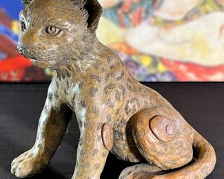 3pc Jiang Tie-Feng Bronze Leopard Family Sculpture Tie Feng Jiang TieFeng Largest: 16 x 29.5 x 18in