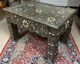 Ornate Moroccan Metal Inlay table 26 x 39 x 26.5in HxWxD