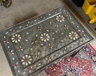 Ornate Moroccan Metal Inlay table 26 x 39 x 26.5in HxWxD