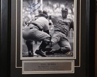 Signed Yogi Berra 8x10 Jackie Robinson Photo He Was Out Framed Autograph With COA Frame: 16.5 x 13.5