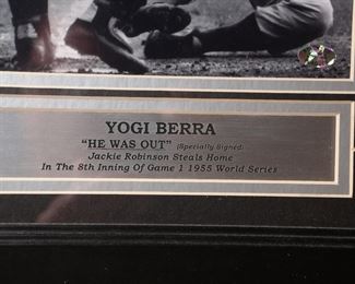 Signed Yogi Berra 8x10 Jackie Robinson Photo He Was Out Framed Autograph With COA Frame: 16.5 x 13.5
