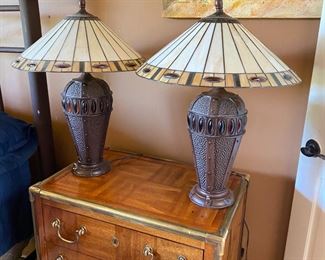 2pc Modern Tiffany Table Lamps Slag Stained Glass PAIR 27 x 20 diameter