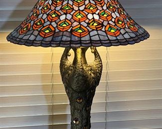 Modern Tiffany Style Peacock Feather Lamp Slag Stained Glass #1 27 x 20 diameter