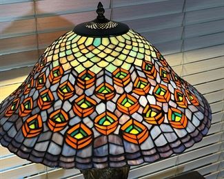 Modern Tiffany Style Peacock Feather Lamp Slag Stained Glass #1 27 x 20 diameter
