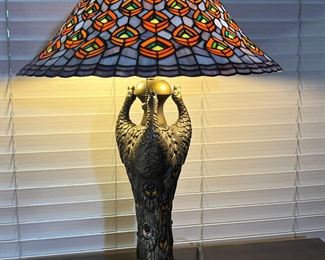 Modern Tiffany Style Peacock Feather Lamp Slag Stained Glass #1 27 x 20 diameter