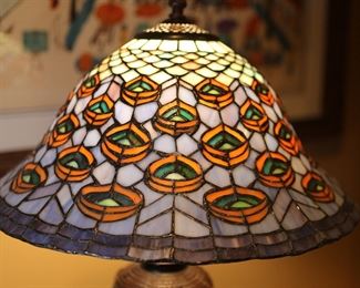 Modern Tiffany Style Peacock Feather Lamp Slag Stained Glass 22 x 15.5 diameter.