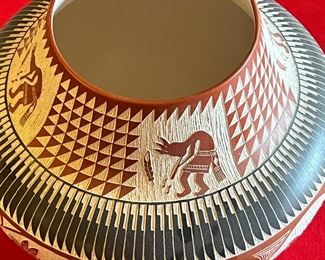 A&V Arthur and Velma Lucario Laguna Etched Pottery Native American 12.75 x 7in diameter at rim