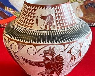 A&V Arthur and Velma Lucario Laguna Etched Pottery Native American 12.75 x 7in diameter at rim