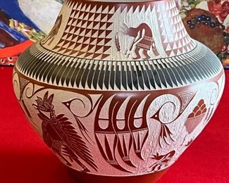 A&V Arthur and Velma Lucario Laguna Etched Pottery Native American 12.75 x 7in diameter at rim