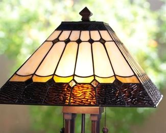 Modern FLW Bronze Table Lamp with Square Shade Slag Glass 25 x 16 x 16