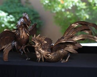 2pc Vintage Metal Fighting Roosters PAIR 10 inches high