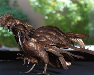 2pc Vintage Metal Fighting Roosters PAIR 10 inches high