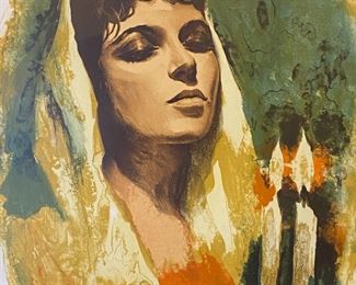 Signed Numbered Sandu Liberman Lithograph Shabbas Candles Judaica Art Print Frame: 27.5 x 24in