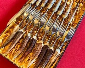 Stag Handle Fork & Knife Set Wingen Germany 16 pieces