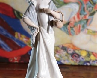 NAO by Lladro Woman with Flower Basket Porcelain Figurine 13 inches high