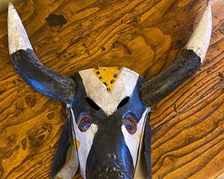 Rustic Mexican Folk Art Carved Wood Bull Horns Head 16 x 16 x 7in HxWxD