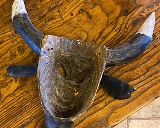 Rustic Mexican Folk Art Carved Wood Bull Horns Head 16 x 16 x 7in HxWxD